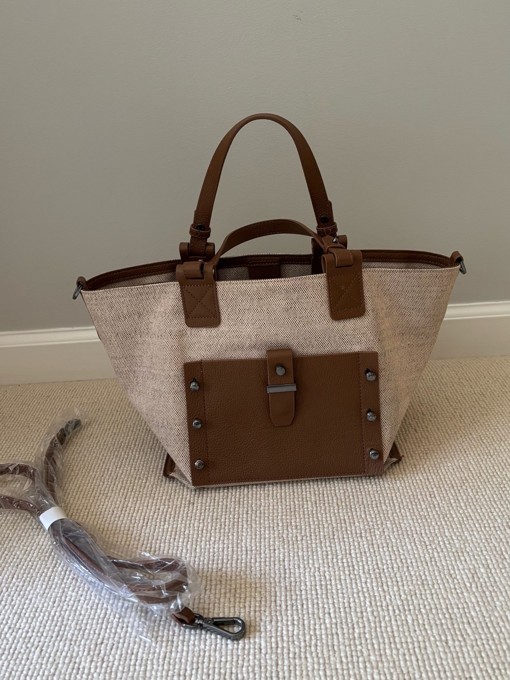 Botkier Two-Tone Brown & Cream Canvas Leather Tote - Picture 1 of 6